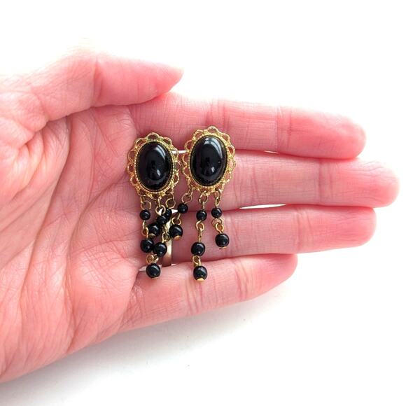Vintage Faux Onyx Cabochon Dangle ChaCha Pierced Post Stud Boho Earrings - Picture 2 of 3